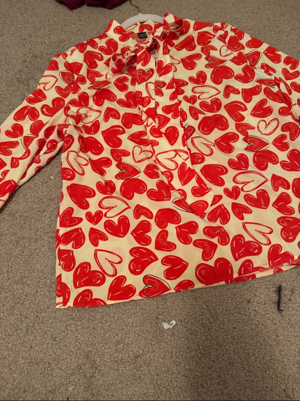 Kids Heart-Print Tie-Neck Top in Red and Cream